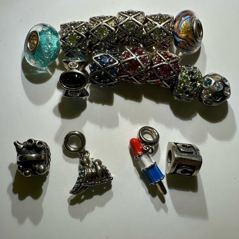 Sixteen 16 Never used Chamilia Beads Charms .925 Silver Glass Spacers